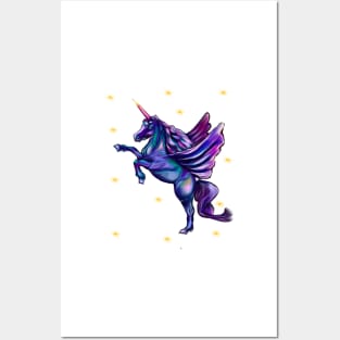 Unicorn  with stars - sparkly, glittery, magical, winged unicorn Posters and Art